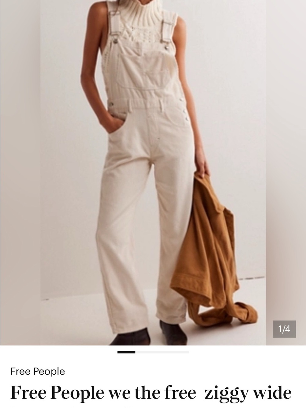 Free People Cream Wide-Leg Denim Overalls